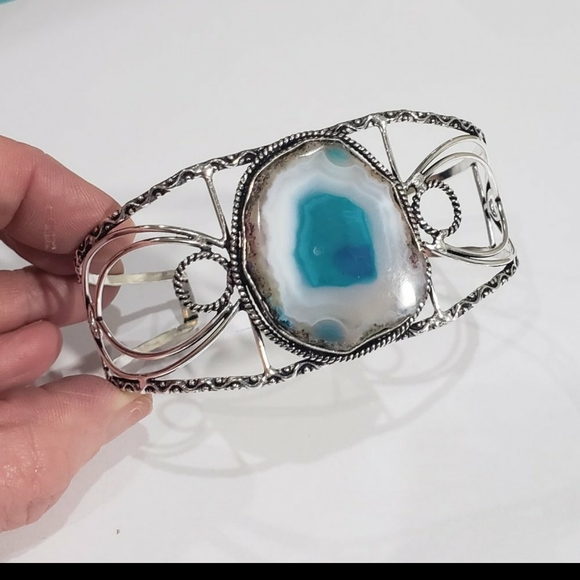 Agate Bracelet, 925 silver agate geode slice gemstone adjustable cuff bracelet - Picture 2 of 14